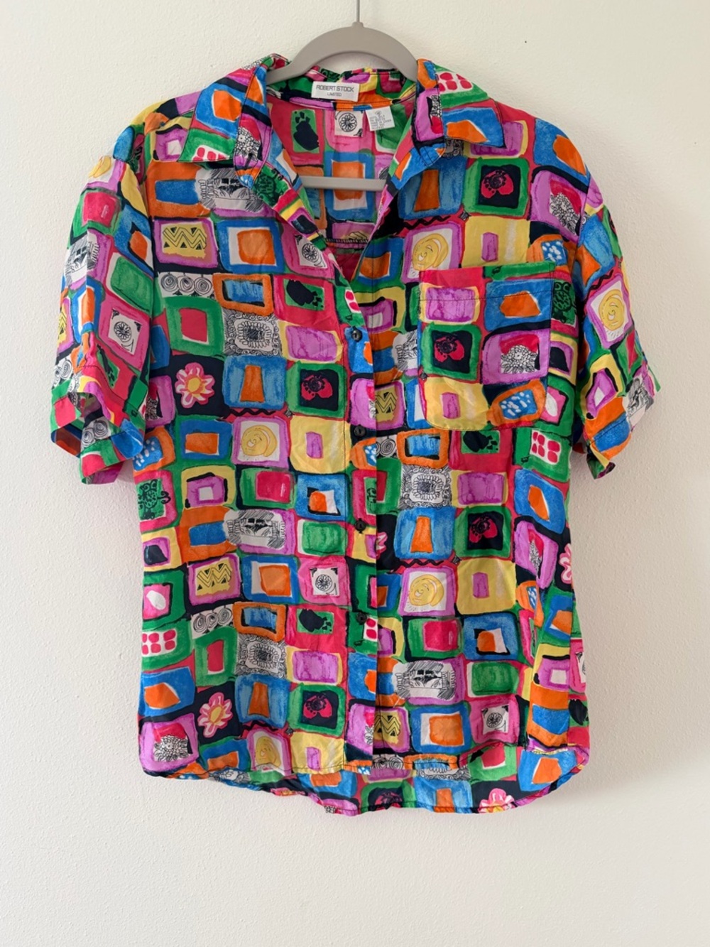 Vintage Robert Stock Limited Colorful Abstract 100% silk Button Down size medium
